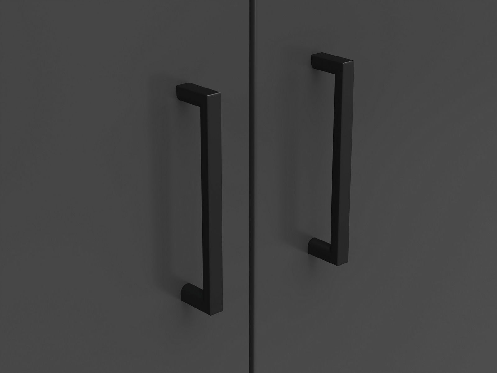 Carryhome Kommode MULTISTAURAUM Nahaufnahme von zwei schwarzen Griffen an einer dunklen Kommode, Frontalansicht