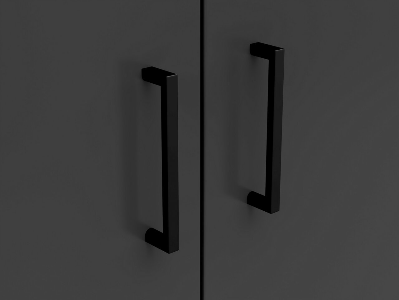 Carryhome Kommode MULTISTAURAUM Nahaufnahme von zwei schwarzen Griffen an einer dunklen Kommode, Frontalansicht