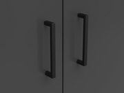 Nahaufnahme von zwei schwarzen Griffen an einer dunklen Kommode, Frontalansicht