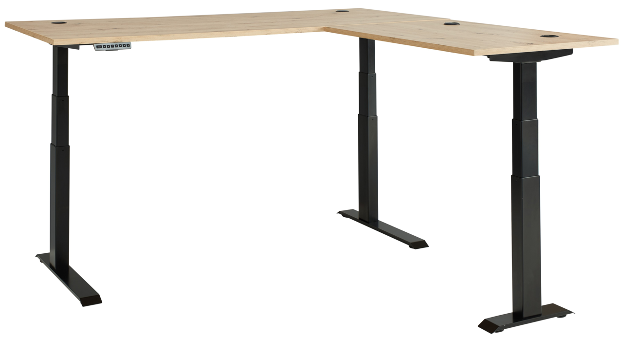 Moderner höhenverstellbarer E-Eckschreibtisch mit schwarzem Gestell und heller Holzplatte, seitliche Perspektive.