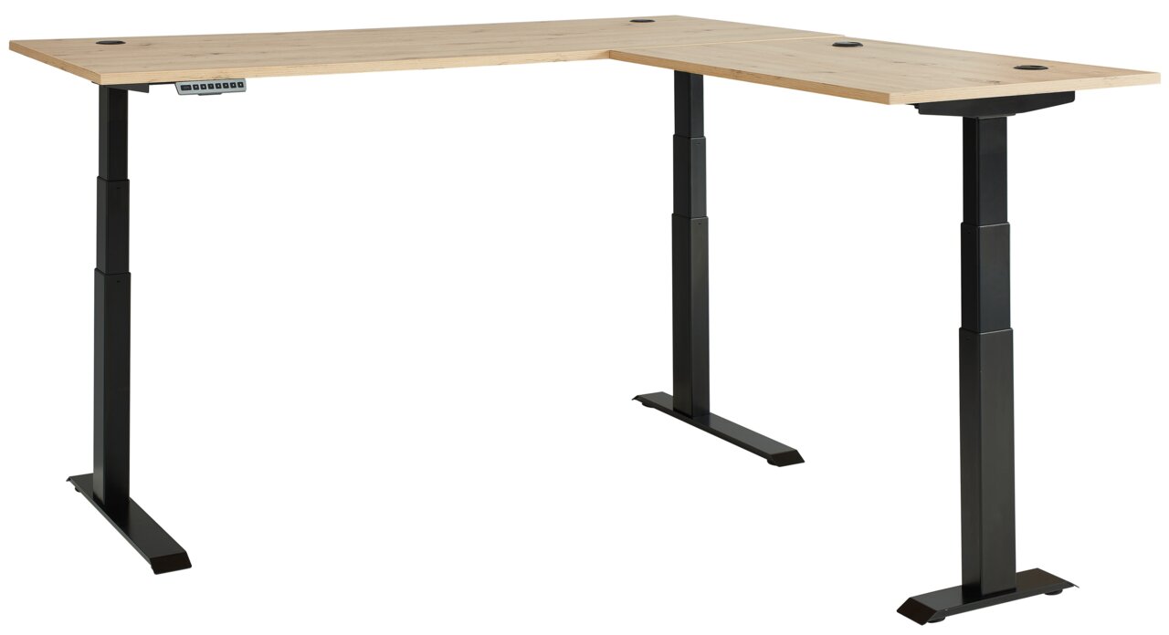 Moderner höhenverstellbarer E-Eckschreibtisch mit schwarzem Gestell und heller Holzplatte, seitliche Perspektive.