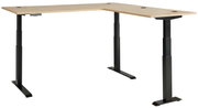 Moderner höhenverstellbarer E-Eckschreibtisch mit schwarzem Gestell und heller Holzplatte, seitliche Perspektive.