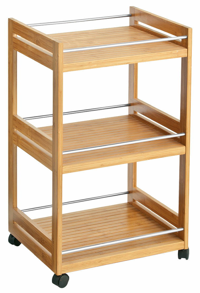 Zeller Present Rollwagen Rollwagen aus Holz mit drei Ebenen und Metallstangen, auf Rollen, seitliche Perspektive