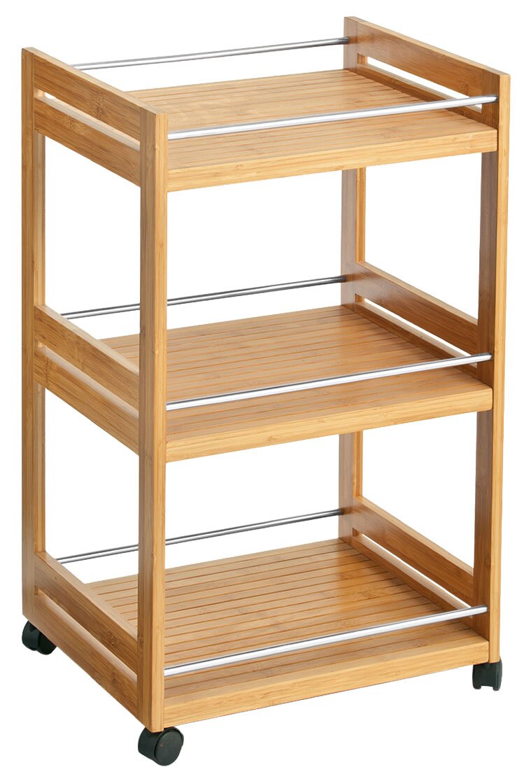 Zeller Present Rollwagen Rollwagen aus Holz mit drei Ebenen und Metallstangen, auf Rollen, seitliche Perspektive