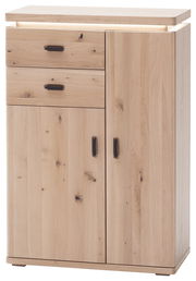 Schuhschrank aus hellem Holz mit zwei Schubladen und zwei Türen, Frontalansicht