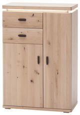 Schuhschrank aus hellem Holz mit zwei Schubladen und zwei Türen, Frontalansicht