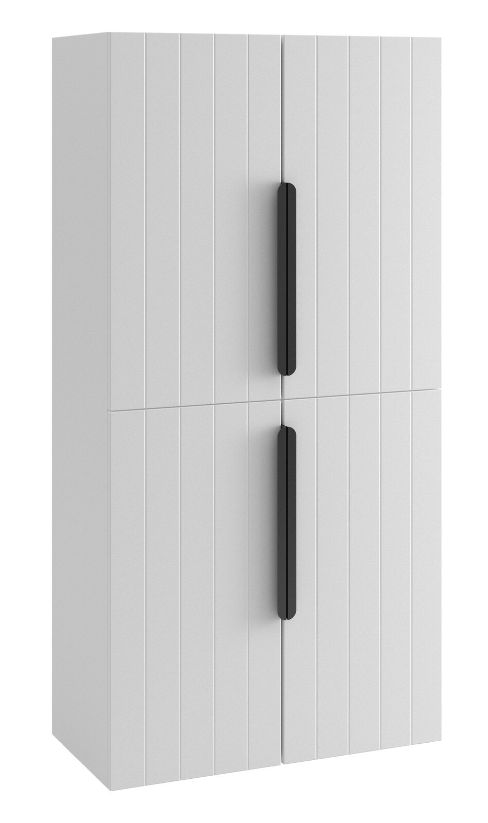 Weißer Midischrank mit vertikalen Linien und schwarzen Griffen, Frontalansicht