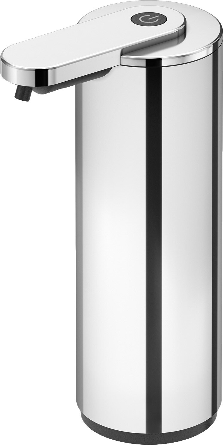 ZACK Sensor-Seifenspender TERVO Silberner, zylindrischer automatischer Seifenspender mit Auslauf und Power-Taste oben, freigestellt, Ansicht schräg von vorne oben