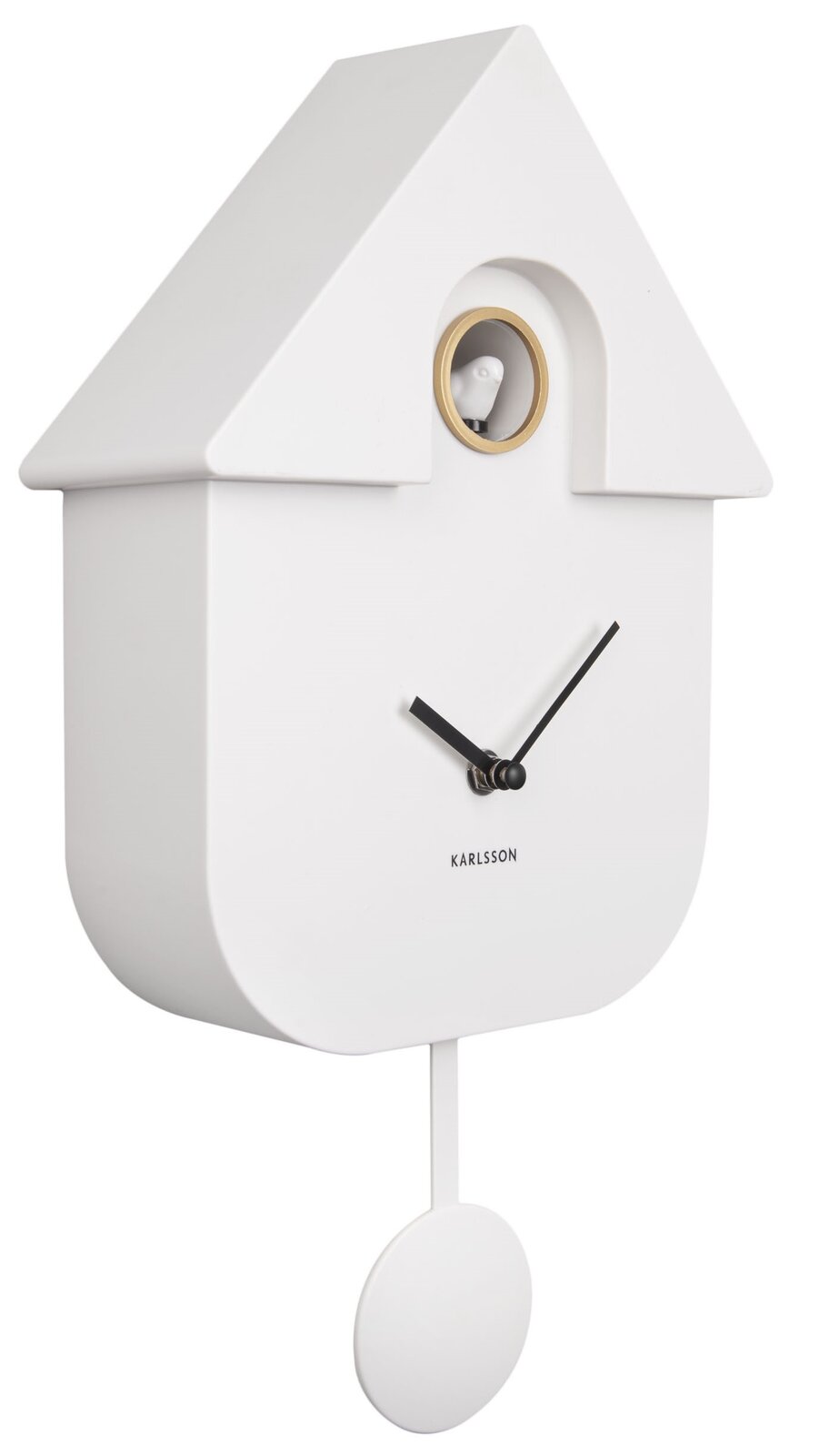Moderne weiße Wanduhr in Form eines Vogelhauses mit schwarzem Zifferblatt und Pendel, seitliche Perspektive