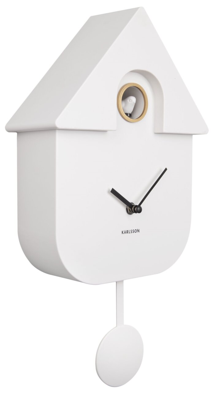 Moderne weiße Wanduhr in Form eines Vogelhauses mit schwarzem Zifferblatt und Pendel, seitliche Perspektive