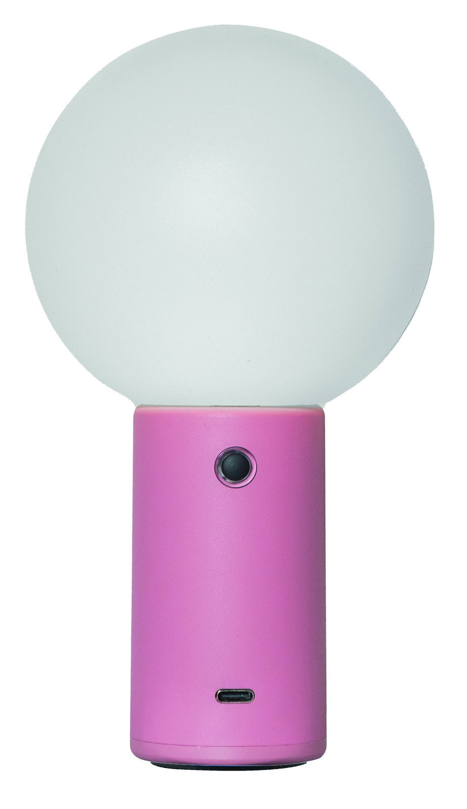 Akku-Tischleuchte mit kugelförmigem, weißem Lampenschirm und pinkem Sockel, Vorderansicht