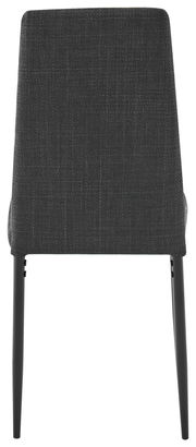 Rückansicht eines modernen Stuhls mit grauem Stoffbezug und schwarzen Beinen.