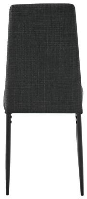 Rückansicht eines modernen Stuhls mit grauem Stoffbezug und schwarzen Beinen.