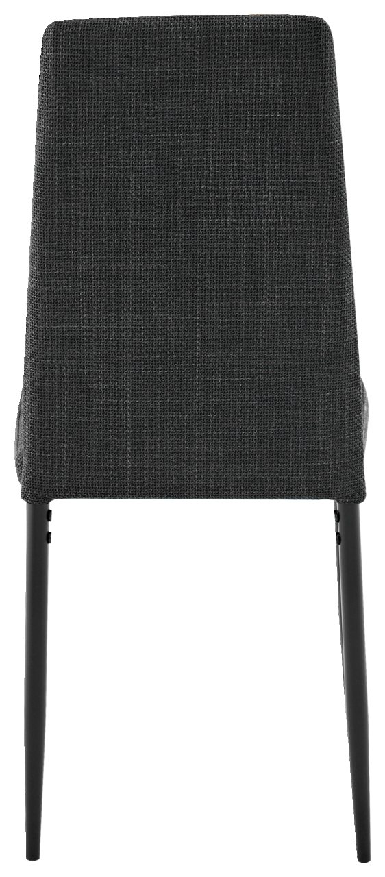 Rückansicht eines modernen Stuhls mit grauem Stoffbezug und schwarzen Beinen.
