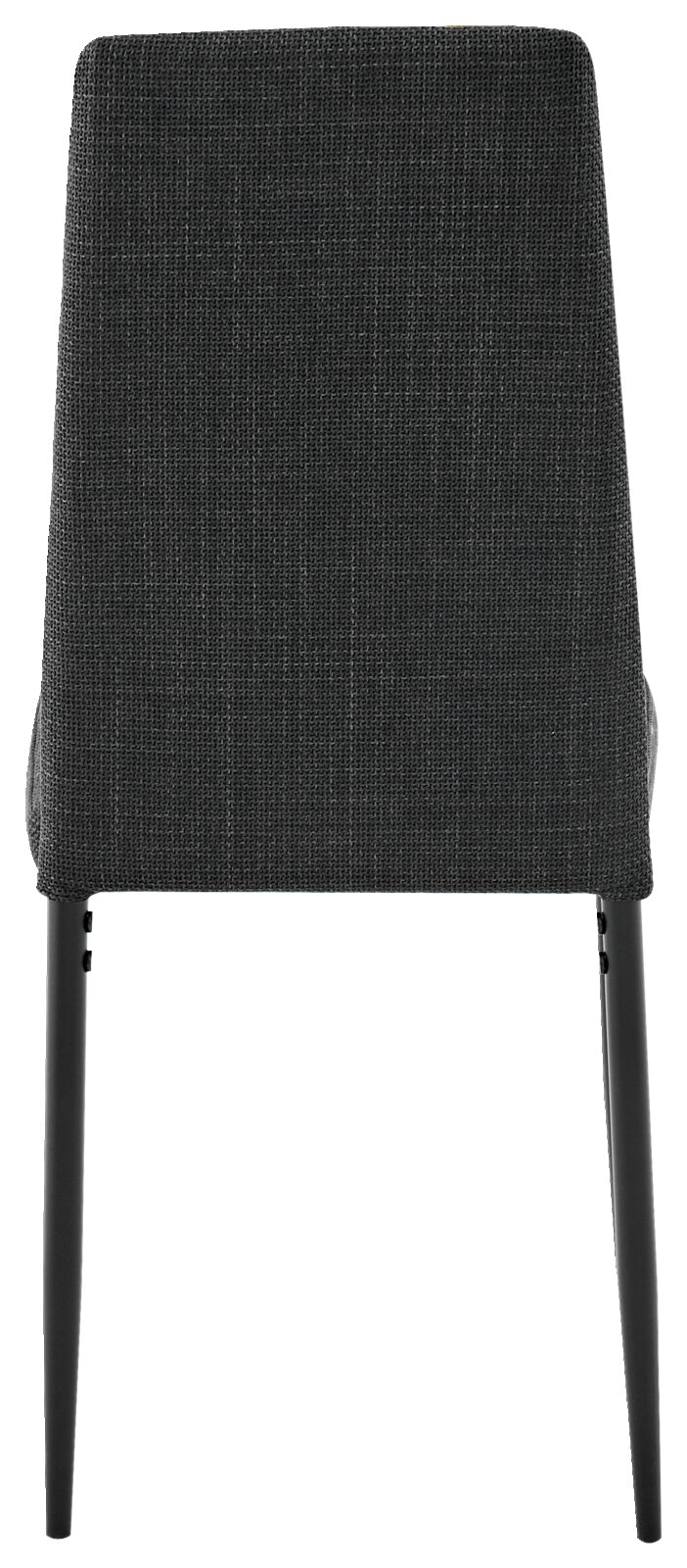 Rückansicht eines modernen Stuhls mit grauem Stoffbezug und schwarzen Beinen.