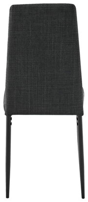 Achterkant van een moderne stoel met grijze stoffen bekleding en zwarte poten.