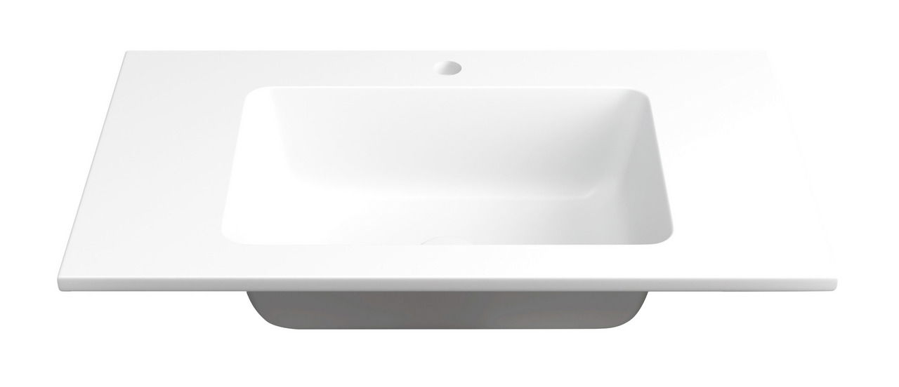 Moderner weißer Waschtisch mit rechteckiger Form, aus der Vogelperspektive fotografiert.