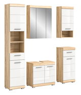 Badezimmermöbel-Set in Holzoptik mit weißen Fronten, bestehend aus einem hohen Schrank, einem Spiegelschrank, einem Waschbeckenunterschrank und zwei mittelhohen Schränken, frontal abgebildet.