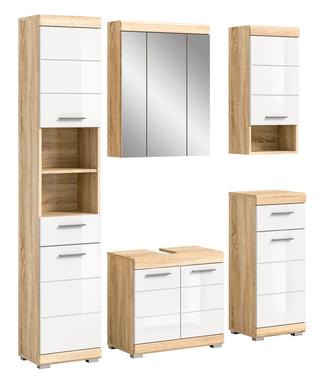 MID.YOU Badkombination LAMBADA Badezimmermöbel-Set in Holzoptik mit weißen Fronten, bestehend aus einem hohen Schrank, einem Spiegelschrank, einem Waschbeckenunterschrank und zwei mittelhohen Schränken, frontal abgebildet.