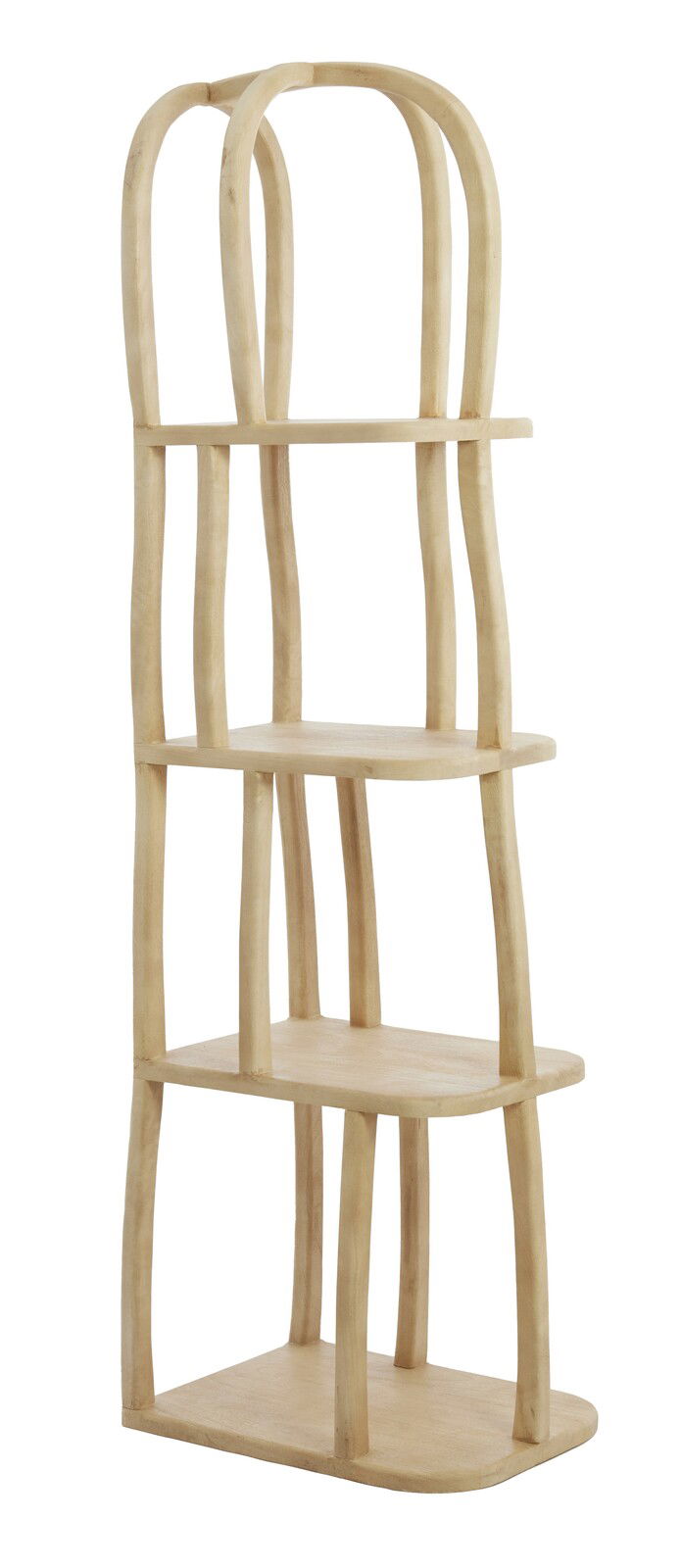 Standregal aus hellem Holz mit vier Regalböden, seitliche Perspektive