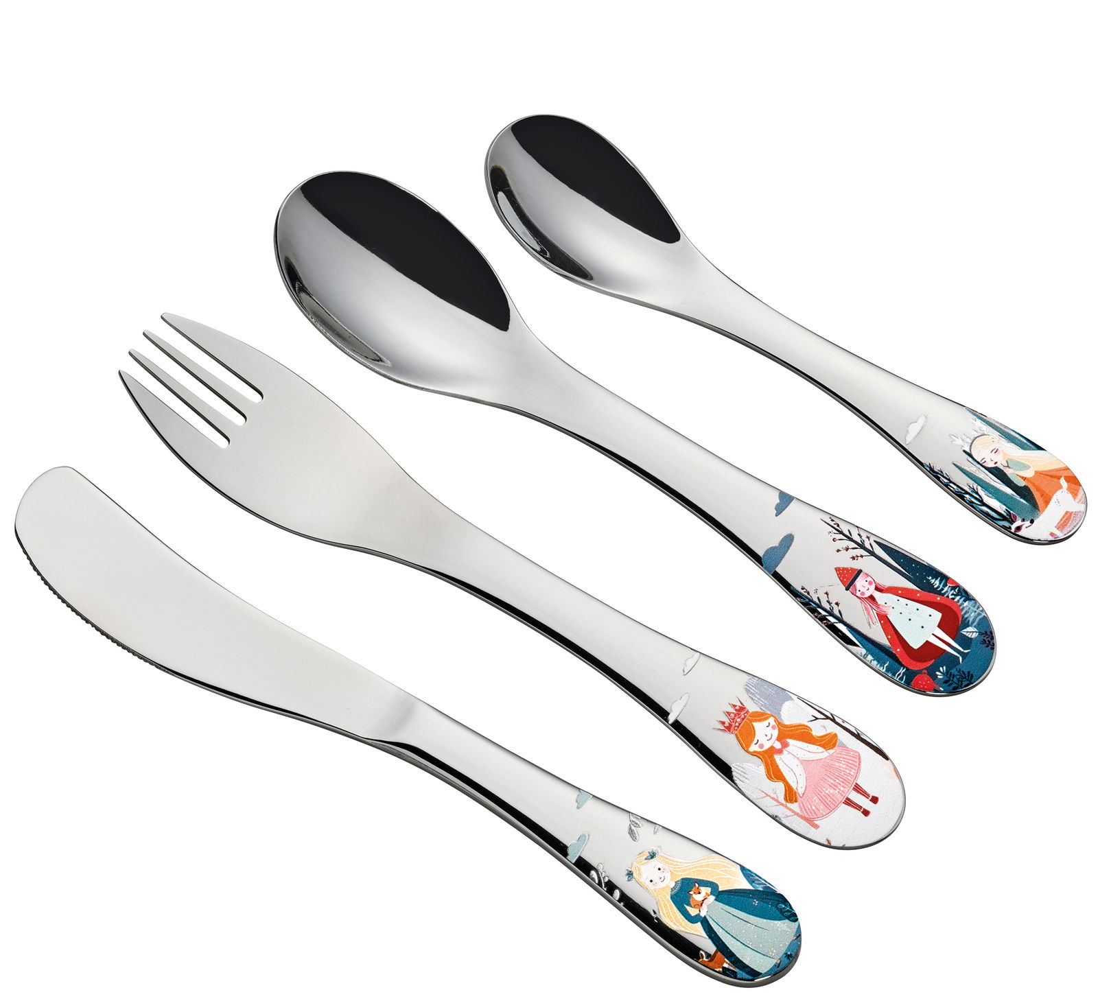 Kinderbesteck-Set PRINCESS, 4-teilig, bestehend aus Messer, Gabel, Löffel und Teelöffel mit bunten Prinzessinnenmotiven auf den Griffen, Ansicht von oben.