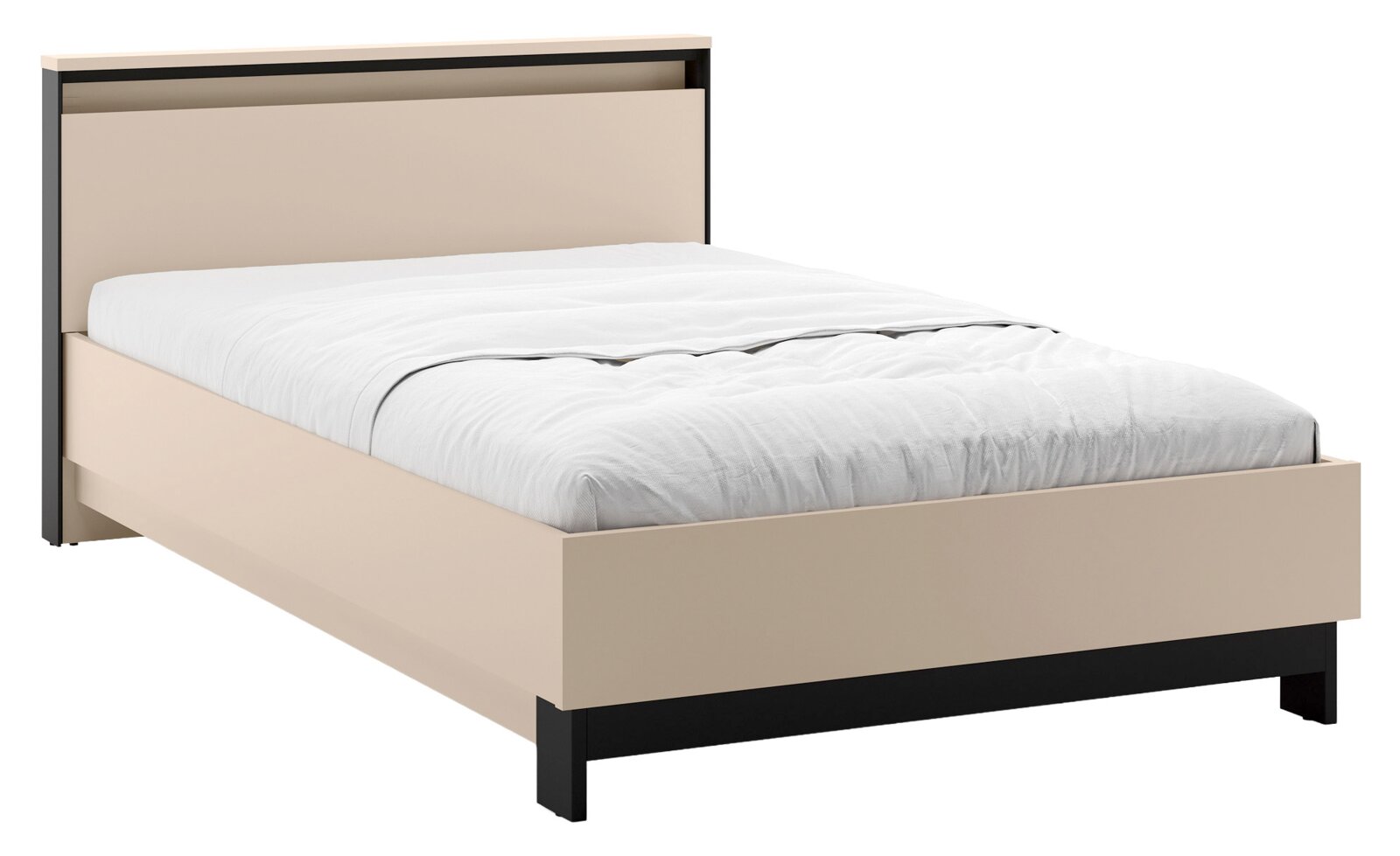 Voleo Bett ZAYA Modernes Bettgestell in Beige mit schwarzem Rahmen und hohem Kopfteil, mit weißer Bettdecke, gezeigt in schräger Vorderansicht (3/4-Perspektive) von links.