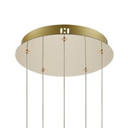 Goldene LED-Hängeleuchte von unten betrachtet mit mehreren Aufhängungen.