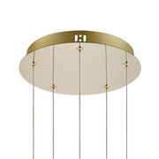 Goldene LED-Hängeleuchte von unten betrachtet mit mehreren Aufhängungen.