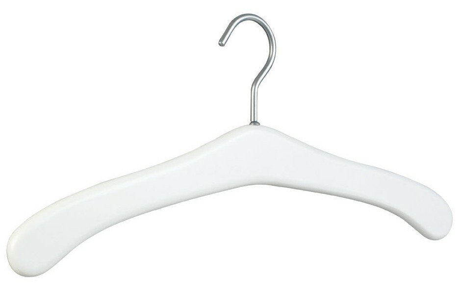 Weißer Kleiderbügel aus Holz mit Metallhaken, Frontalansicht