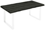 Dunkle Tischplatte aus Holz mit natürlicher Kante, rechteckig, auf weißen Metallbeinen, Perspektive von schräg oben