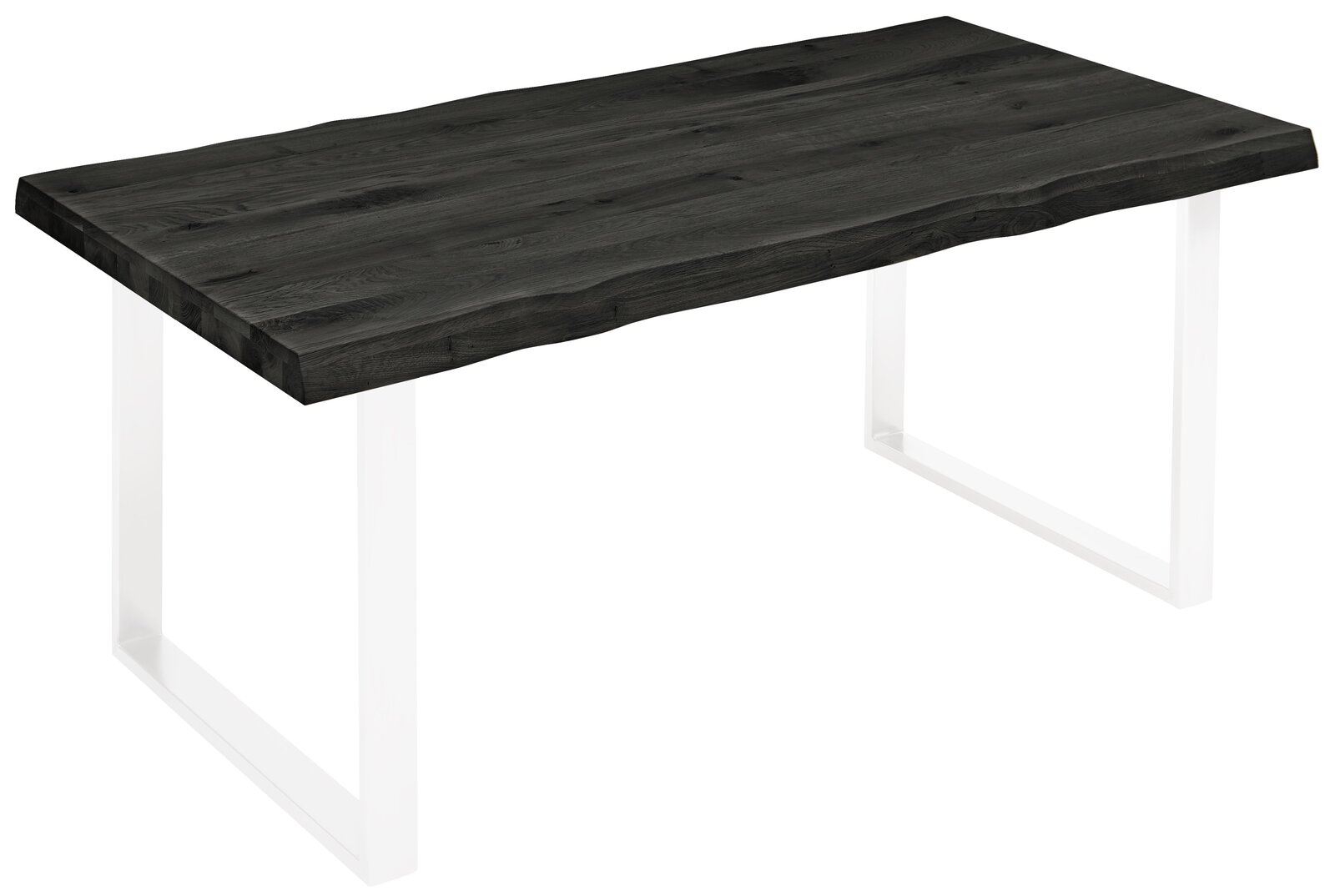 Dunkle Tischplatte aus Holz mit natürlicher Kante, rechteckig, auf weißen Metallbeinen, Perspektive von schräg oben