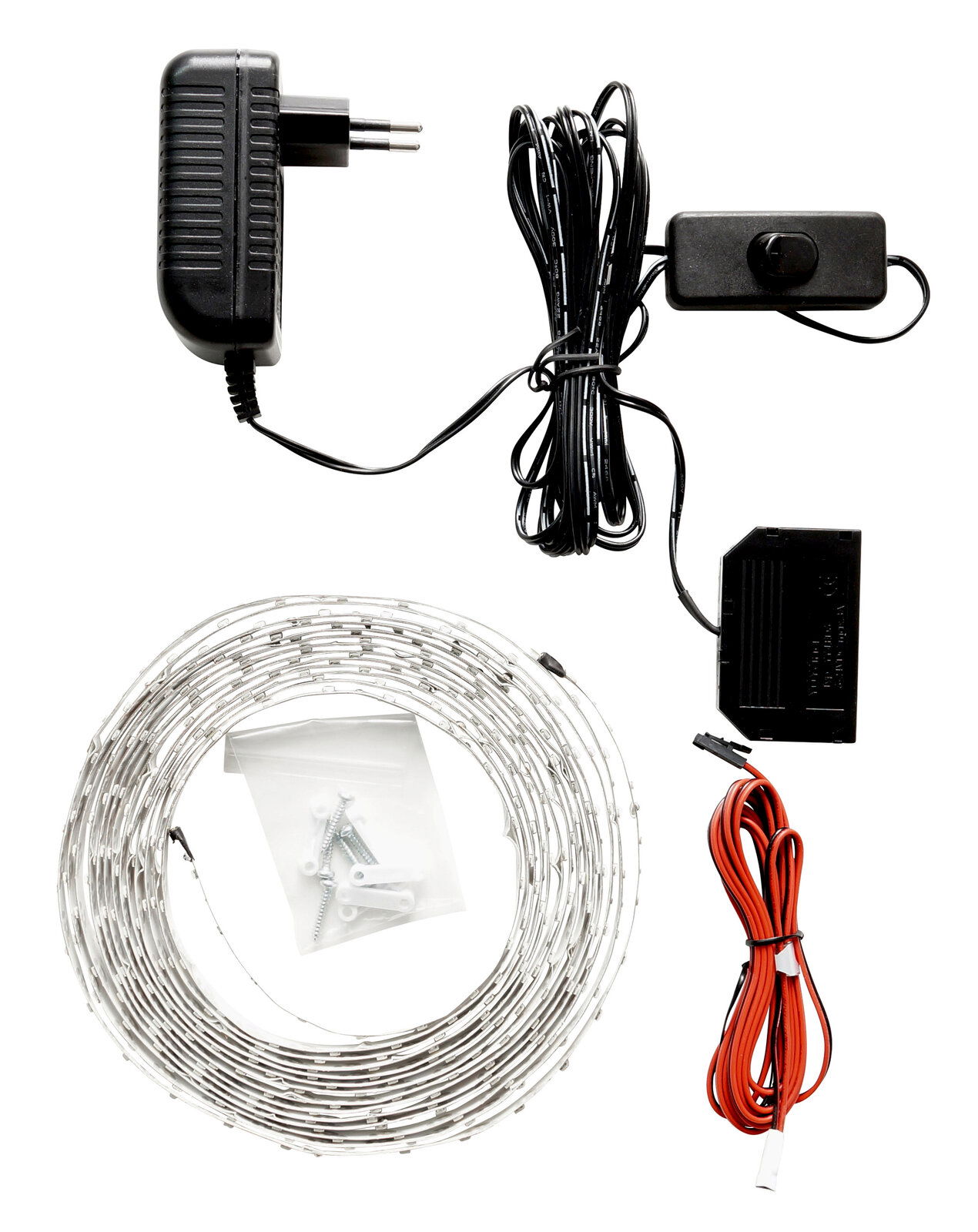 Landscape LED-Bandbeleuchtung BREGENZ LED-Bandbeleuchtung Set mit Netzteil, Schalter, LED-Streifen, Befestigungsmaterial und Kabel, aus der Vogelperspektive fotografiert.