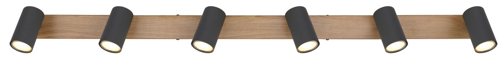 Sechsflammiger Strahler mit schwarzem Gehäuse und Holzleiste, seitliche Perspektive