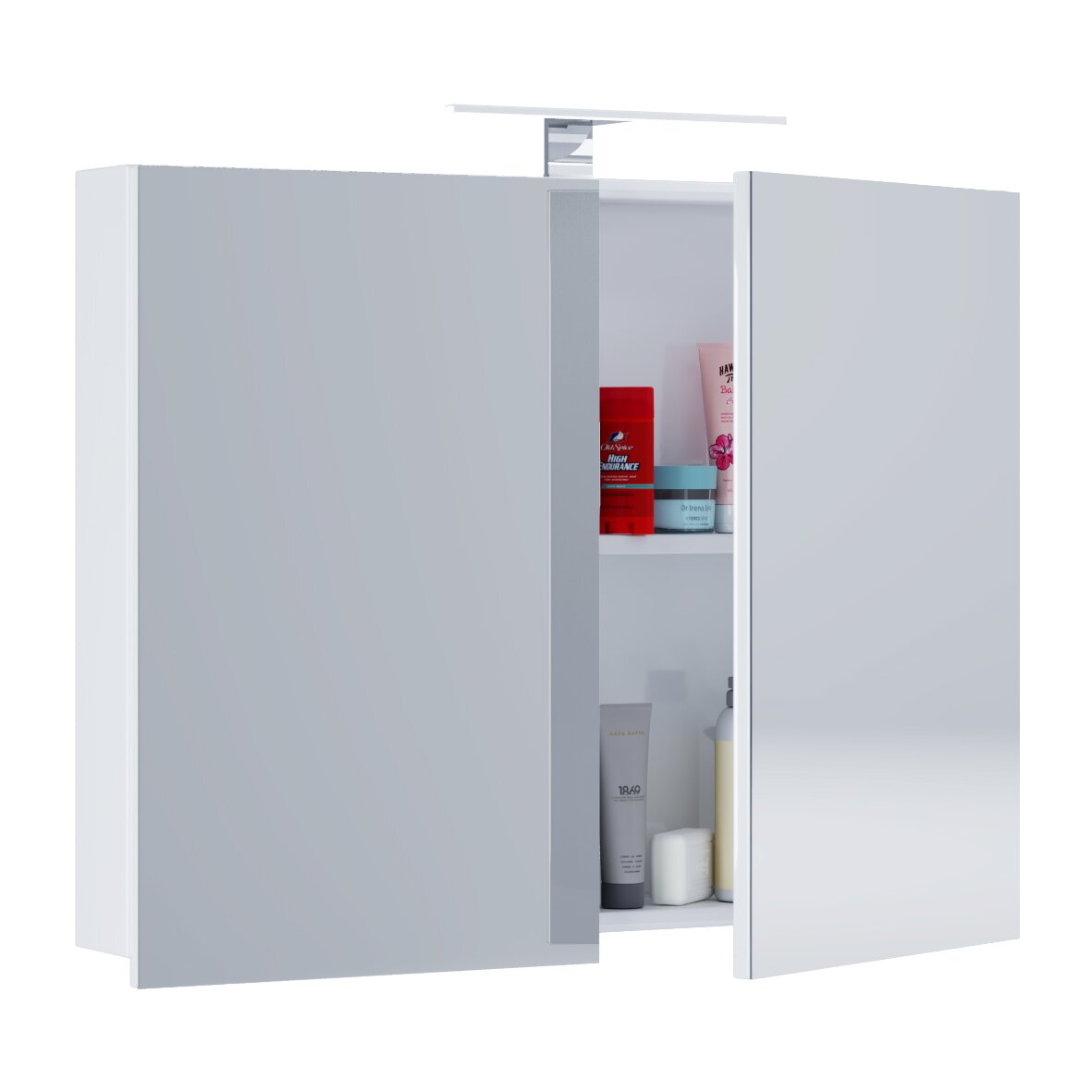 Weißer Spiegelschrank/Badschrank mit zwei Türen, eine Tür geöffnet und Innenfächer mit Pflegeprodukten sichtbar, frontale Ansicht leicht von rechts auf weißem Hintergrund