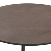 Runder Gartentisch mit dunkler Tischplatte, seitliche Perspektive