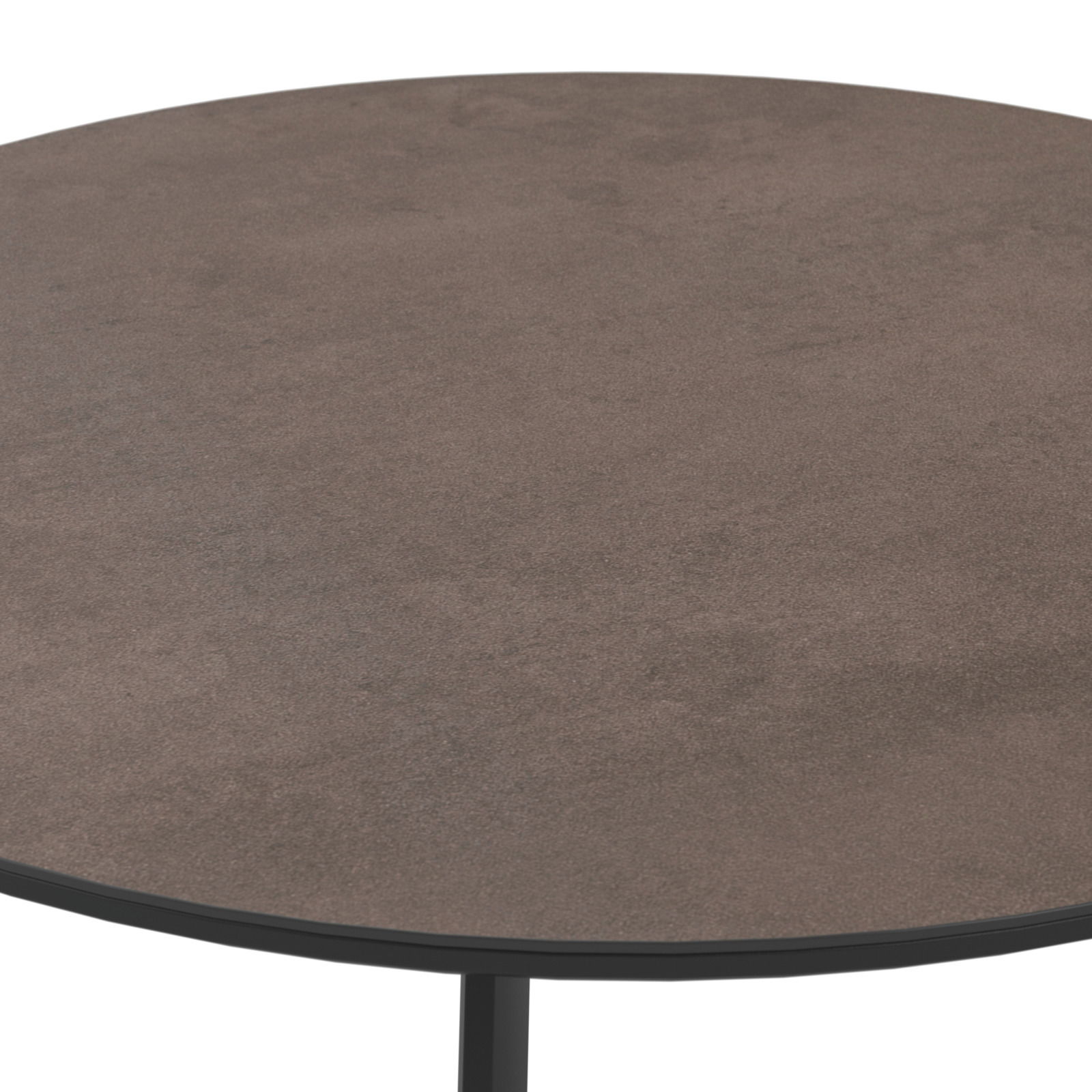 Runder Gartentisch mit dunkler Tischplatte, seitliche Perspektive