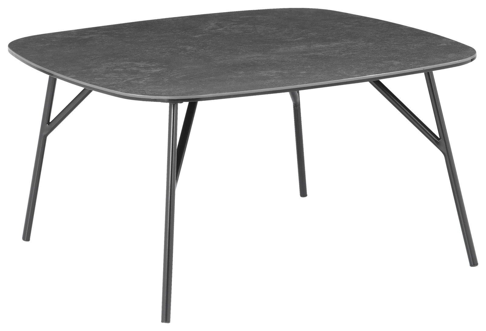 Moderner Couchtisch mit dunkler, rechteckiger Tischplatte und schlanken Metallbeinen, seitliche Perspektive