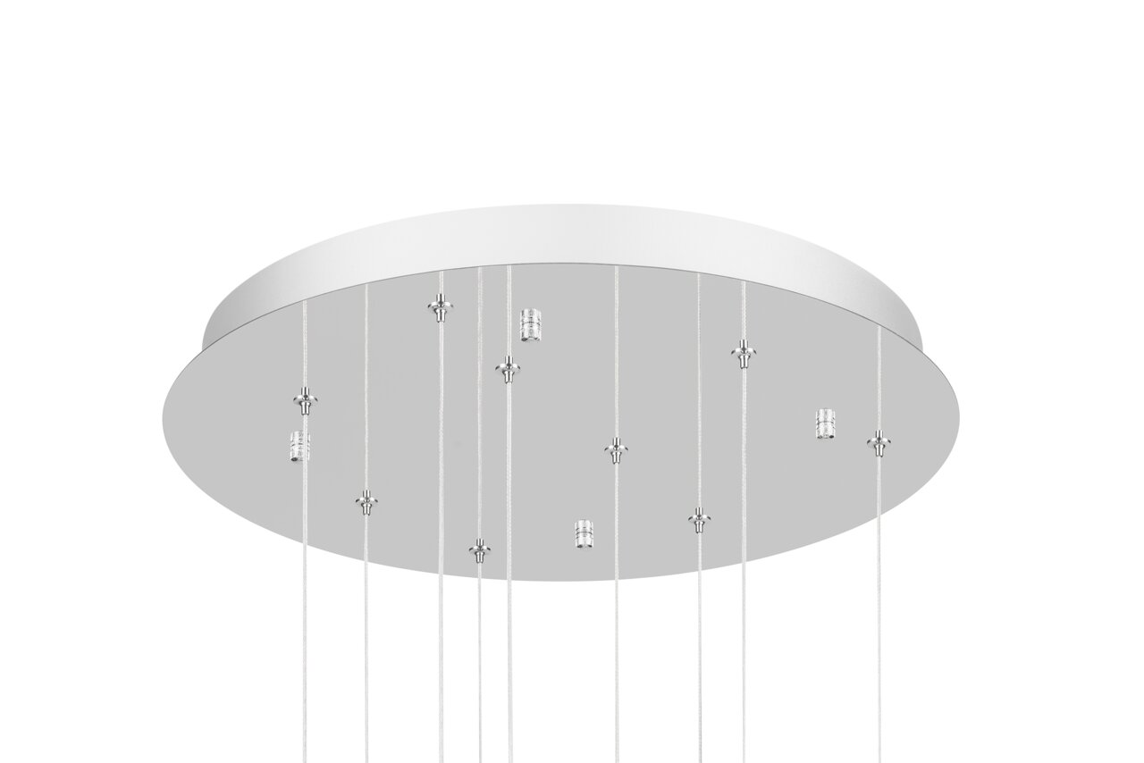 Moderne LED-Hängeleuchte mit mehreren hängenden Lichtelementen, Ansicht von unten.