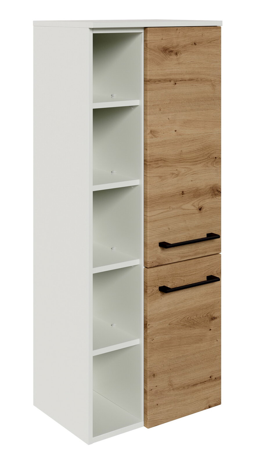 Sadena Midischrank PLAKA Midischrank mit weißem Korpus und Holztüren, seitliche Perspektive