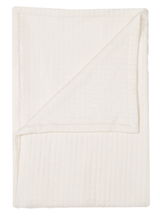 Weißes Plaid in 150x220cm Größe, gefaltet und von oben fotografiert, mit sichtbarer Textur und umgeschlagener Ecke.