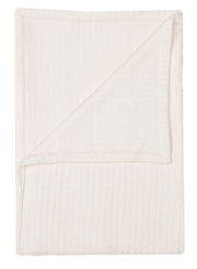 Weißes Plaid in 150x220cm Größe, gefaltet und von oben fotografiert, mit sichtbarer Textur und umgeschlagener Ecke.