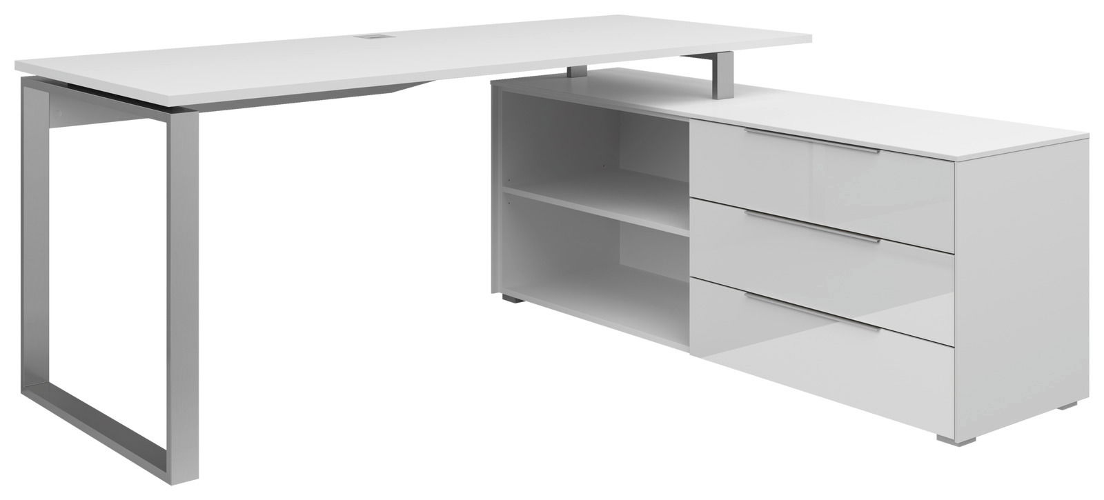 Voleo Eckschreibtisch NEVADA Moderner weißer Eckschreibtisch mit Metallgestell, Schubladen und Regalfächern, seitliche Perspektive