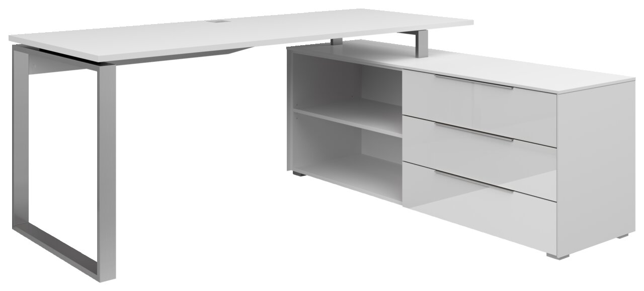 Moderner weißer Eckschreibtisch mit Metallgestell, Schubladen und Regalfächern, seitliche Perspektive