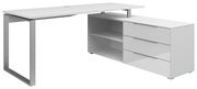 Moderner weißer Eckschreibtisch mit Metallgestell, Schubladen und Regalfächern, seitliche Perspektive