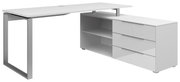 Moderner weißer Eckschreibtisch mit Metallgestell, Schubladen und Regalfächern, seitliche Perspektive