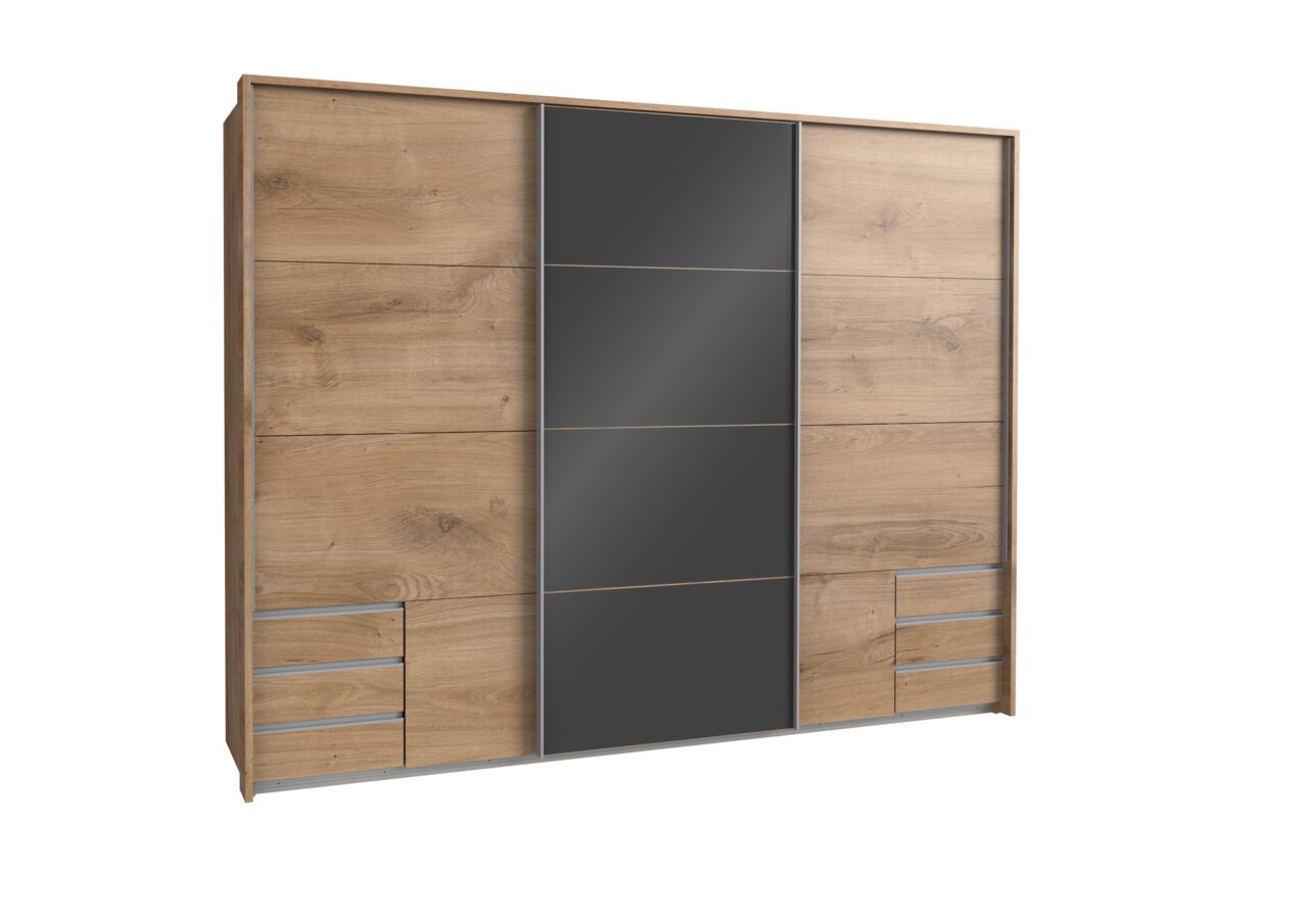 Moderner Kleiderschrank aus Holz mit Schiebetüren und Spiegel in der Mitte, seitliche Perspektive