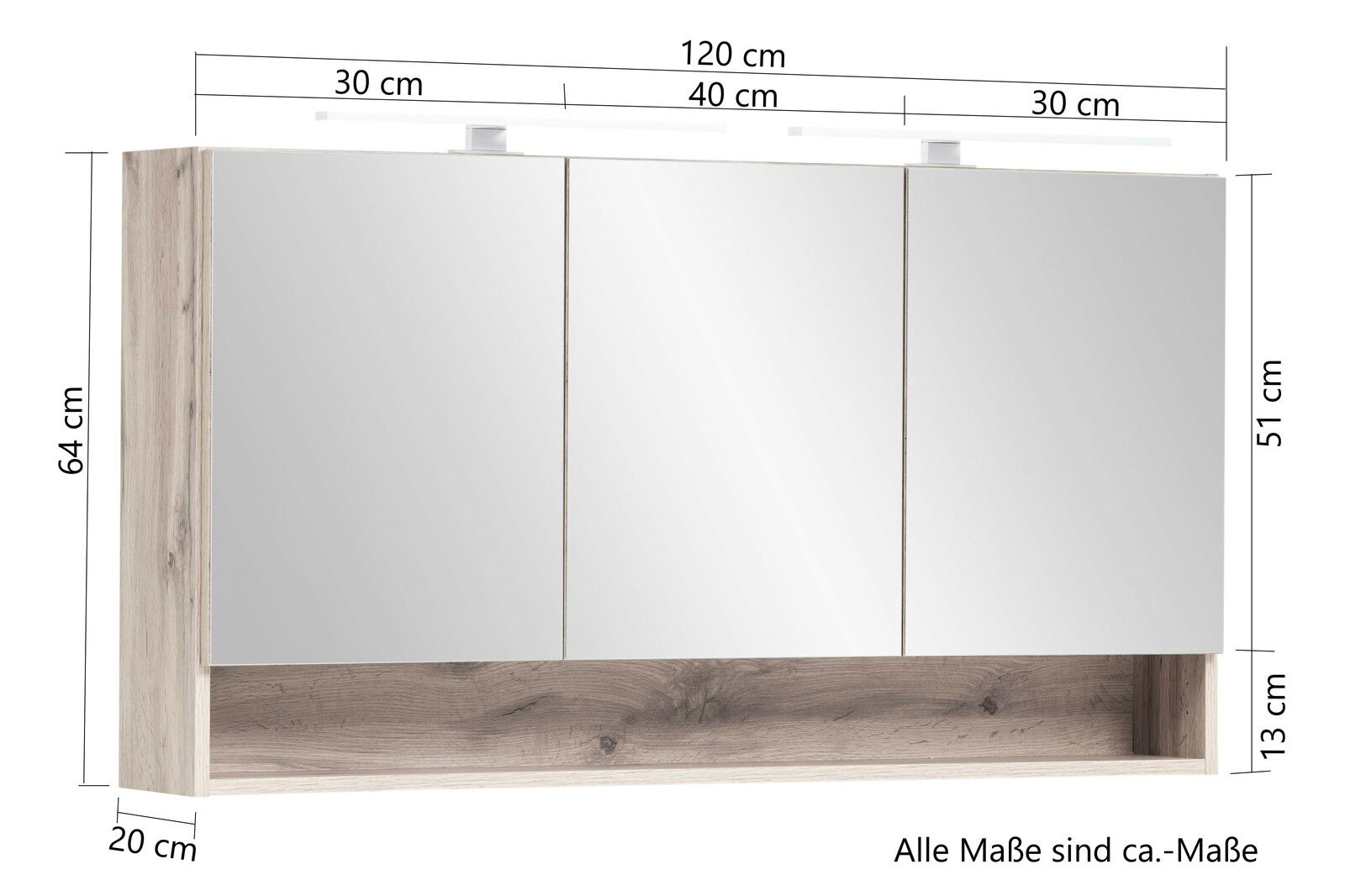Spiegelschrank mit drei Türen, Holzoptik, Frontansicht, Maße: 120 cm Breite, 64 cm Höhe, 20 cm Tiefe