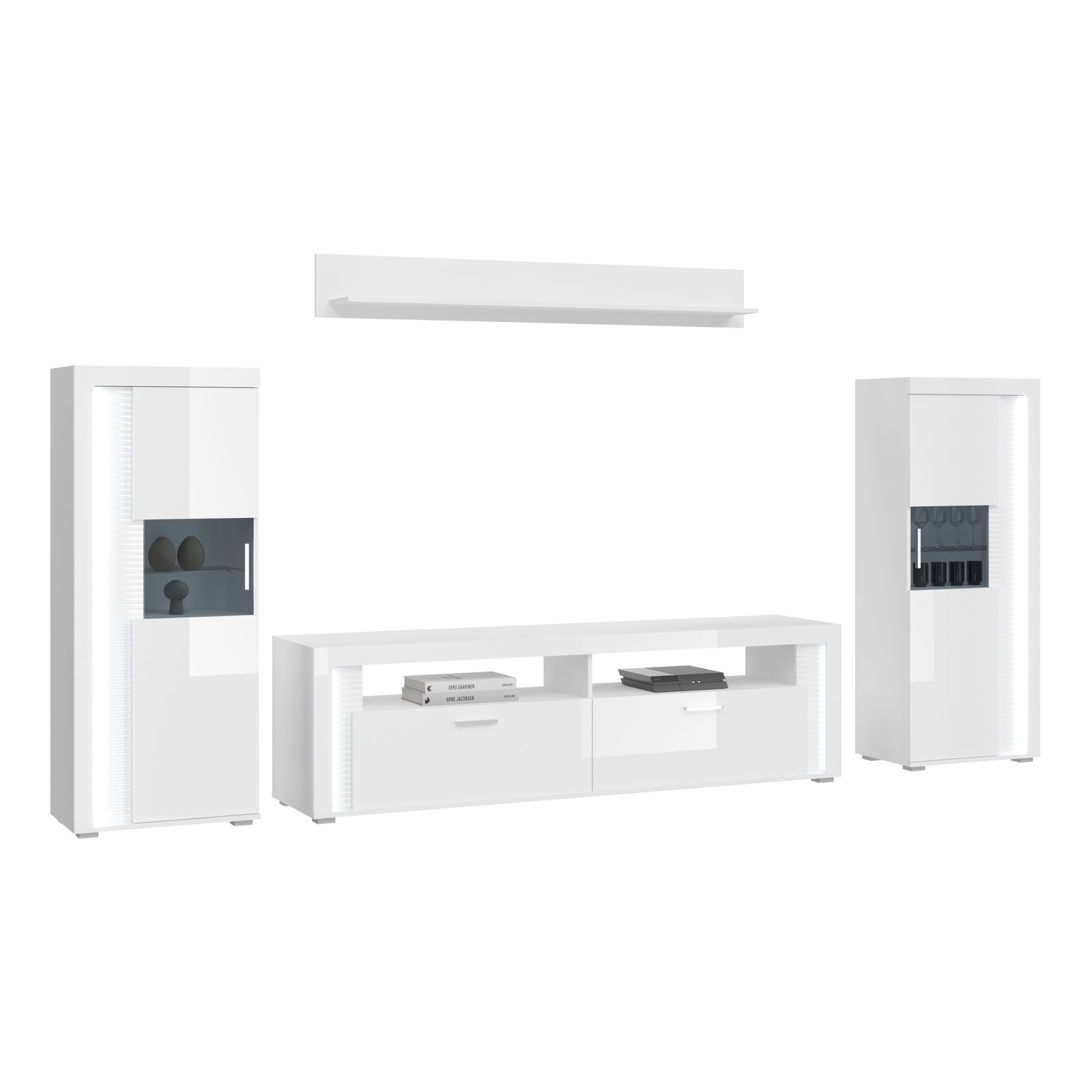 Wohnkombination in Weiß mit zwei hohen Schränken und einem TV-Board, frontal betrachtet.