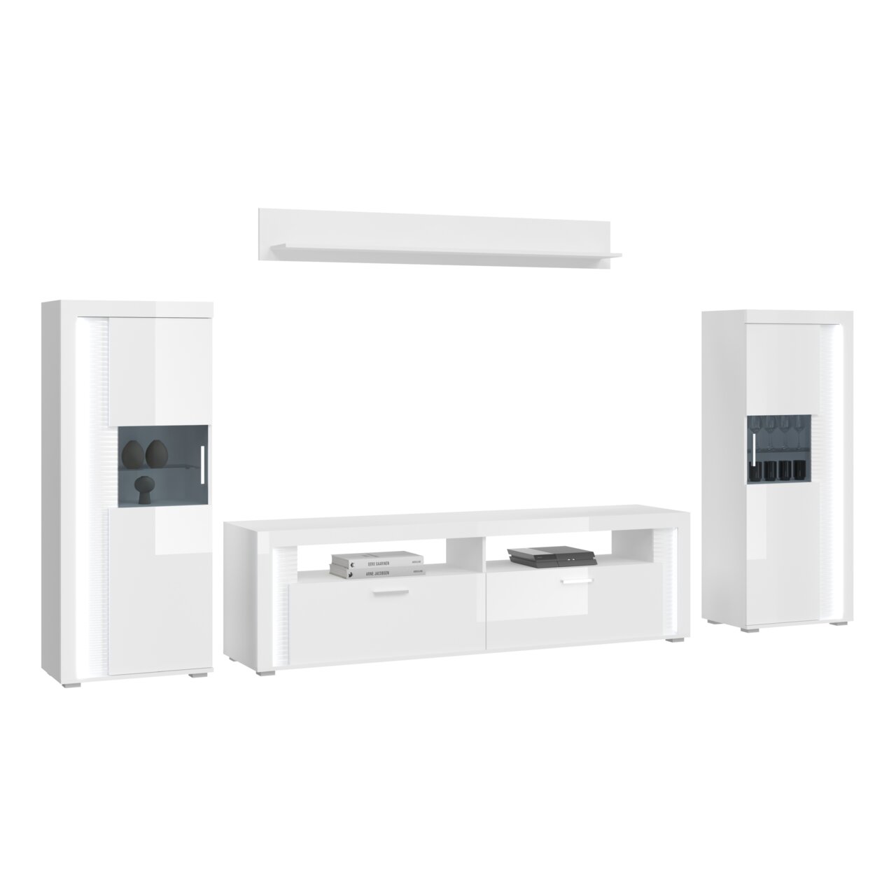 Wohnkombination in Weiß mit zwei hohen Schränken und einem TV-Board, frontal betrachtet.