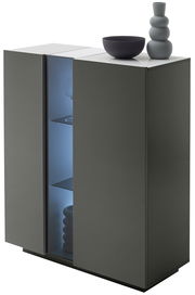 Modernes Highboard in dunklem Grau mit dekorativen Objekten auf der Oberseite, seitliche Perspektive